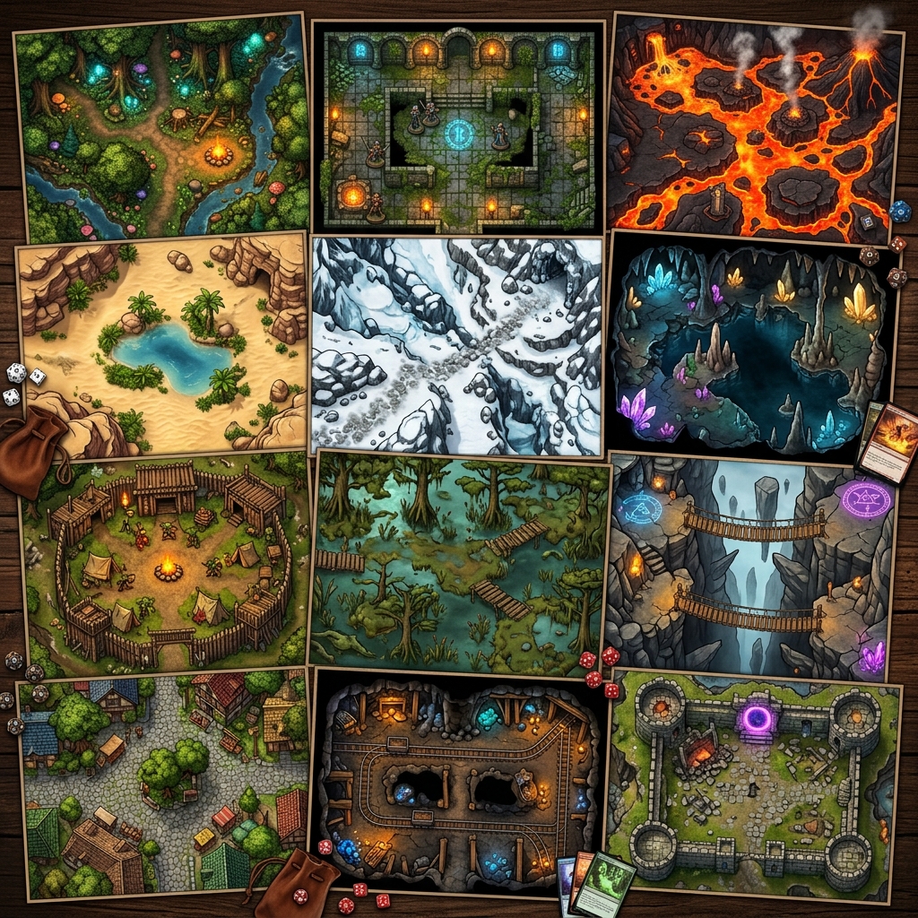 A collection of vibrant, top-down tabletop RPG battle maps generated by AI