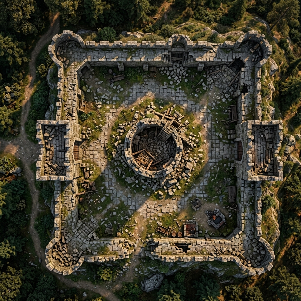 A detailed top-down tactical battle map of a ruined watchtower siege on a rocky cliffside, gridless and ready for tabletop RPG play.