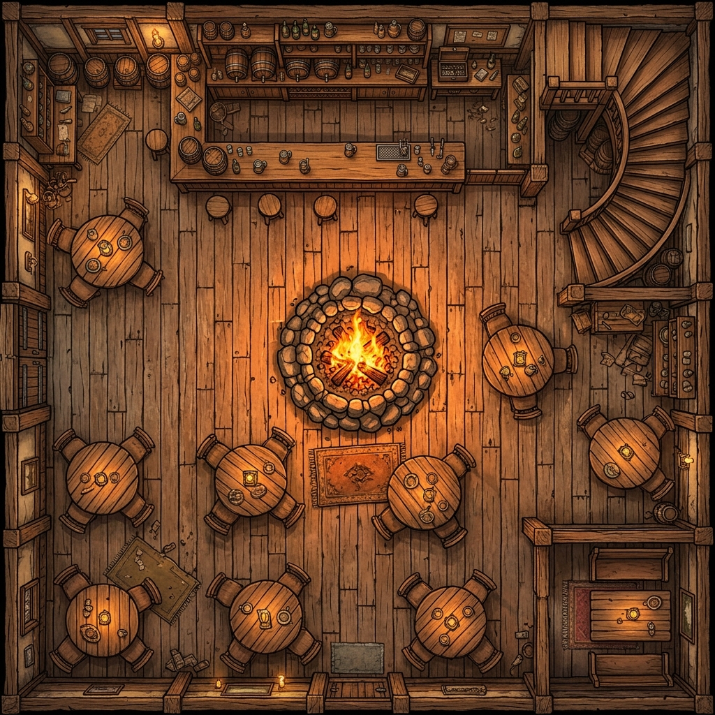 A vibrant, top-down view of a fantasy tavern battle map with wooden tables, a large stone hearth, and cozy lighting