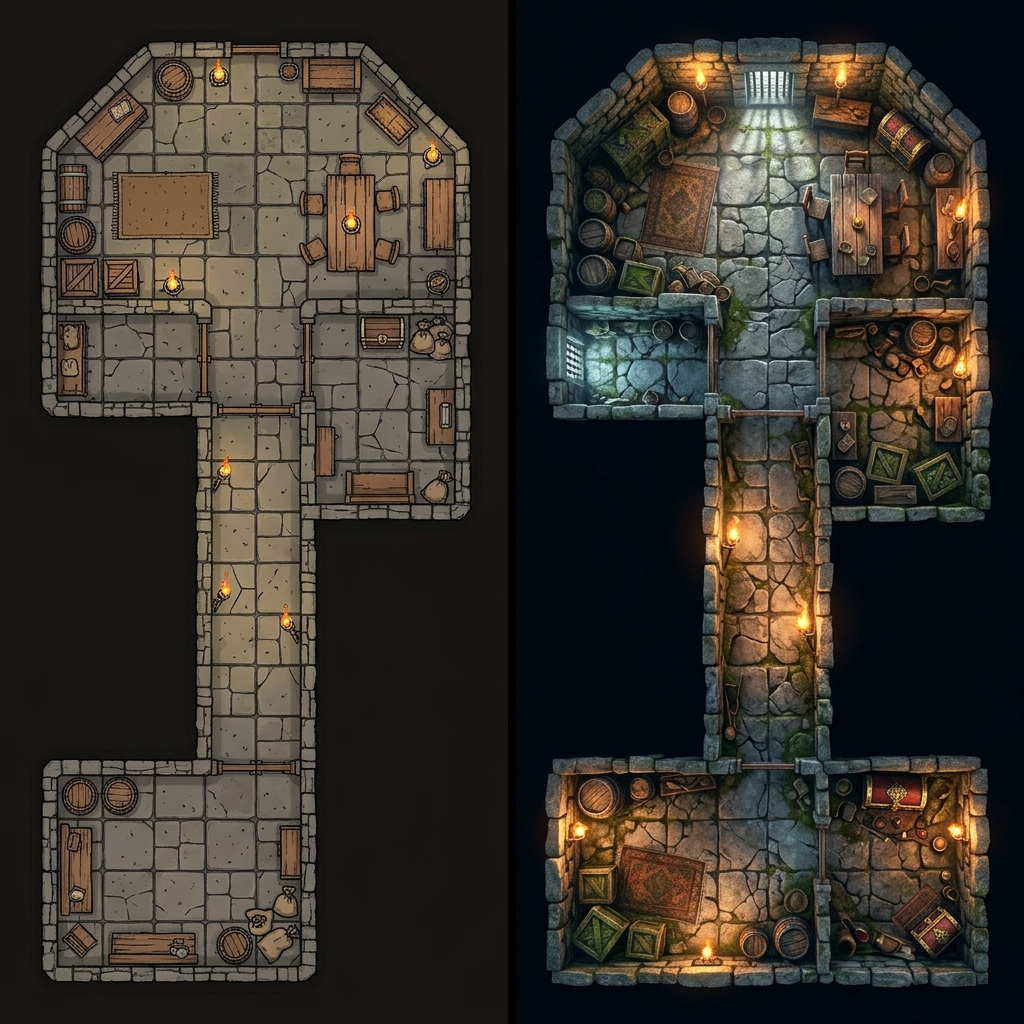 Split screen showing a hand-drawn Dungeondraft map next to an AI generated battle map