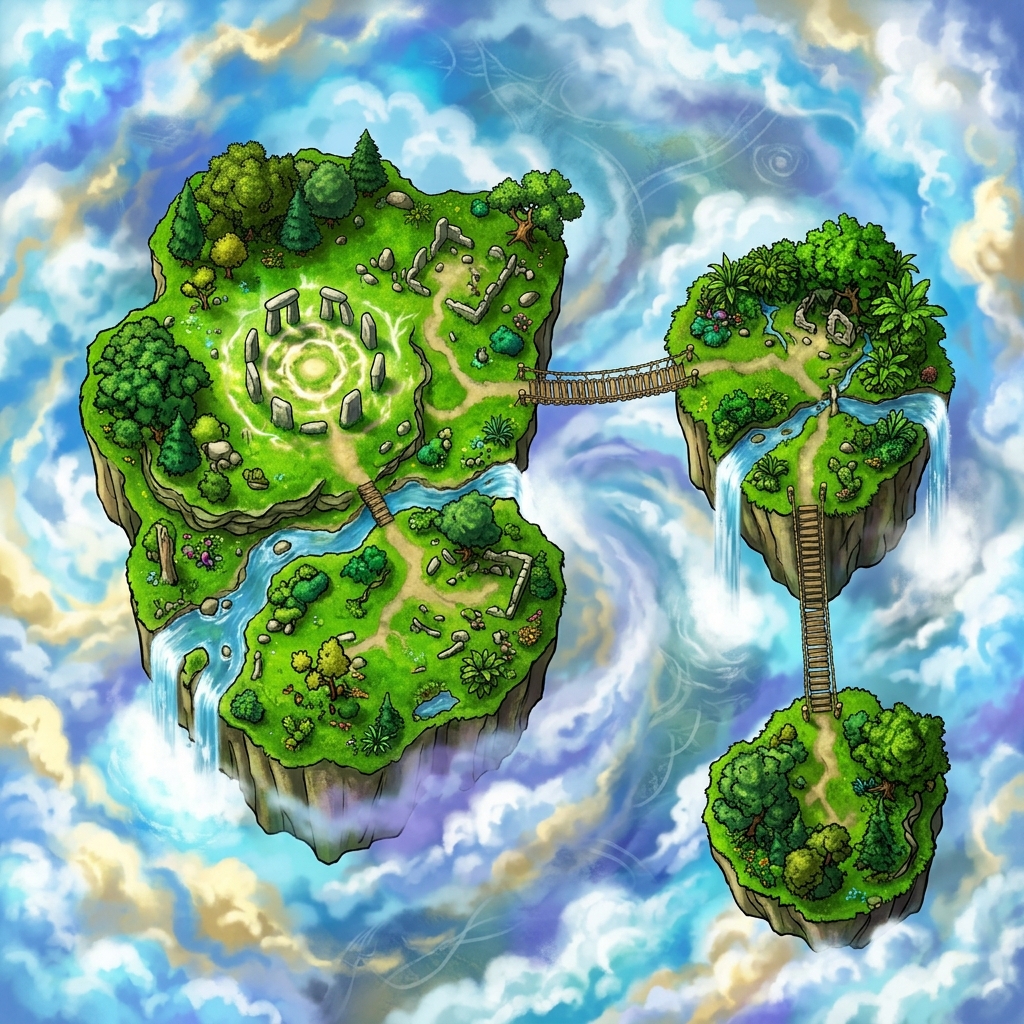 A stunning top-down fantasy battle map of floating sky islands over clouds, gridless and ready for tabletop RPG combat.