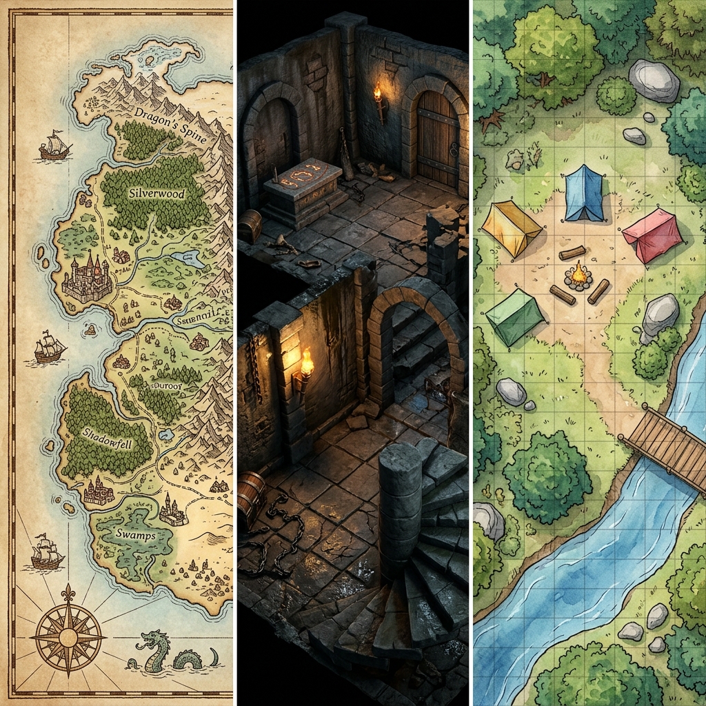 A side-by-side split screen showing different tabletop RPG map generation styles