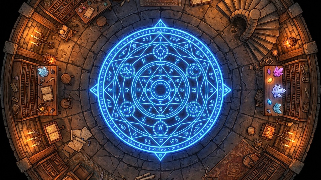 A Game Master looking at an overhead TTRPG battle map generated from a text prompt.